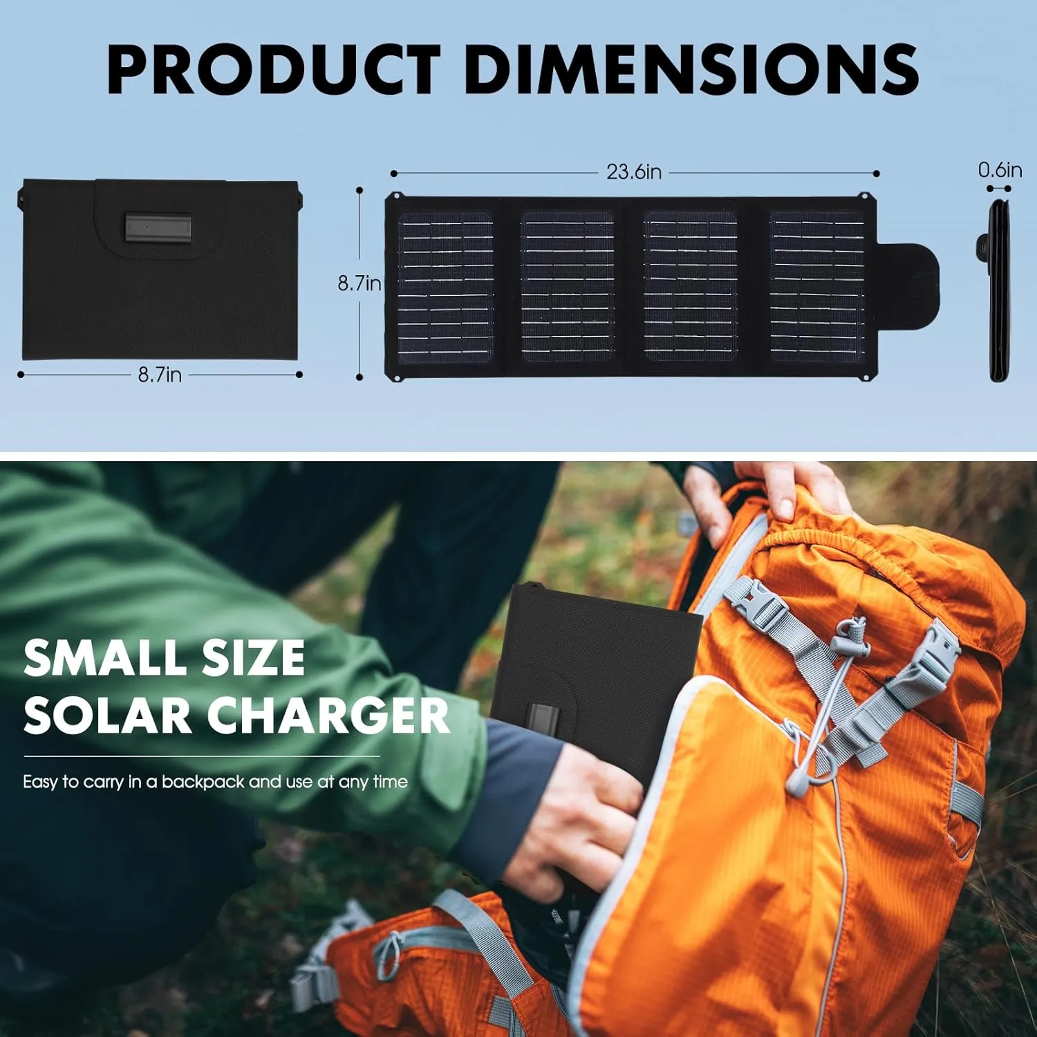 20W Portable Solar Panel Charger, with Fast Charging USB-C and Tybe-C Ports High Efficiency ETFE Foldable Small Solar Panels IP67 Waterproof for Phone Power Emergency Camping Backpacking
