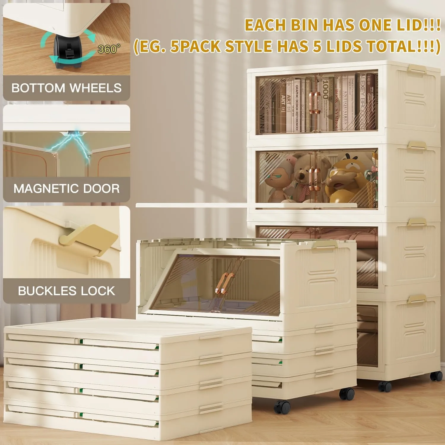23 Gal Stackable Storage Bins with Lids, Closet Organizers and Storage, Collapsible Storage Bin with Wheels, Plastic Clothes Storage Cabinet Containers for Home,Office,Dorm 4Pack