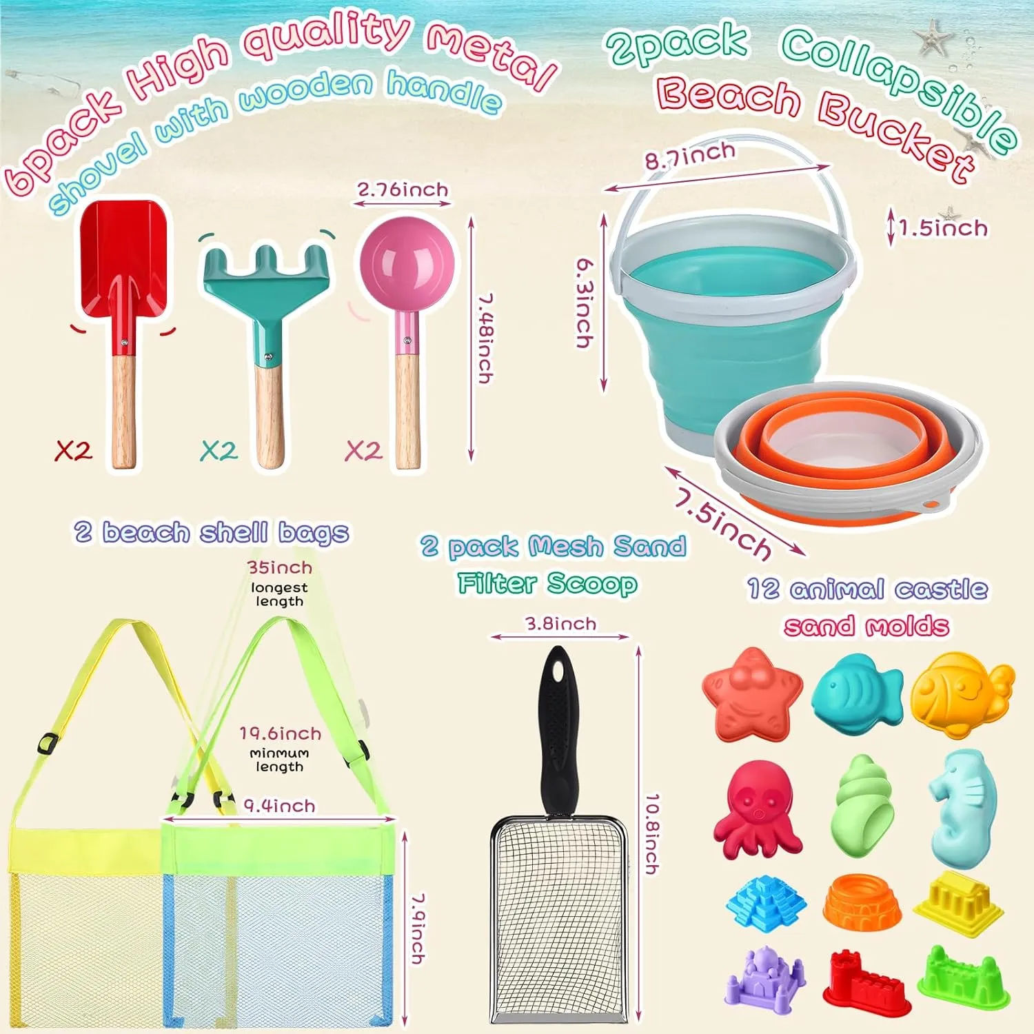 24 Pcs Collapsible Beach Toys Set Collapsible Sand Bucket Sifter Shovels with Mesh Bag, Castle and Sea Animal Molds Travel Sand Building Kit Toys Foldable Beach Essentials(Orange Blue)