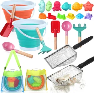 24 Pcs Collapsible Beach Toys Set Collapsible Sand Bucket Sifter Shovels with Mesh Bag, Castle and Sea Animal Molds Travel Sand Building Kit Toys Foldable Beach Essentials(Orange Blue)