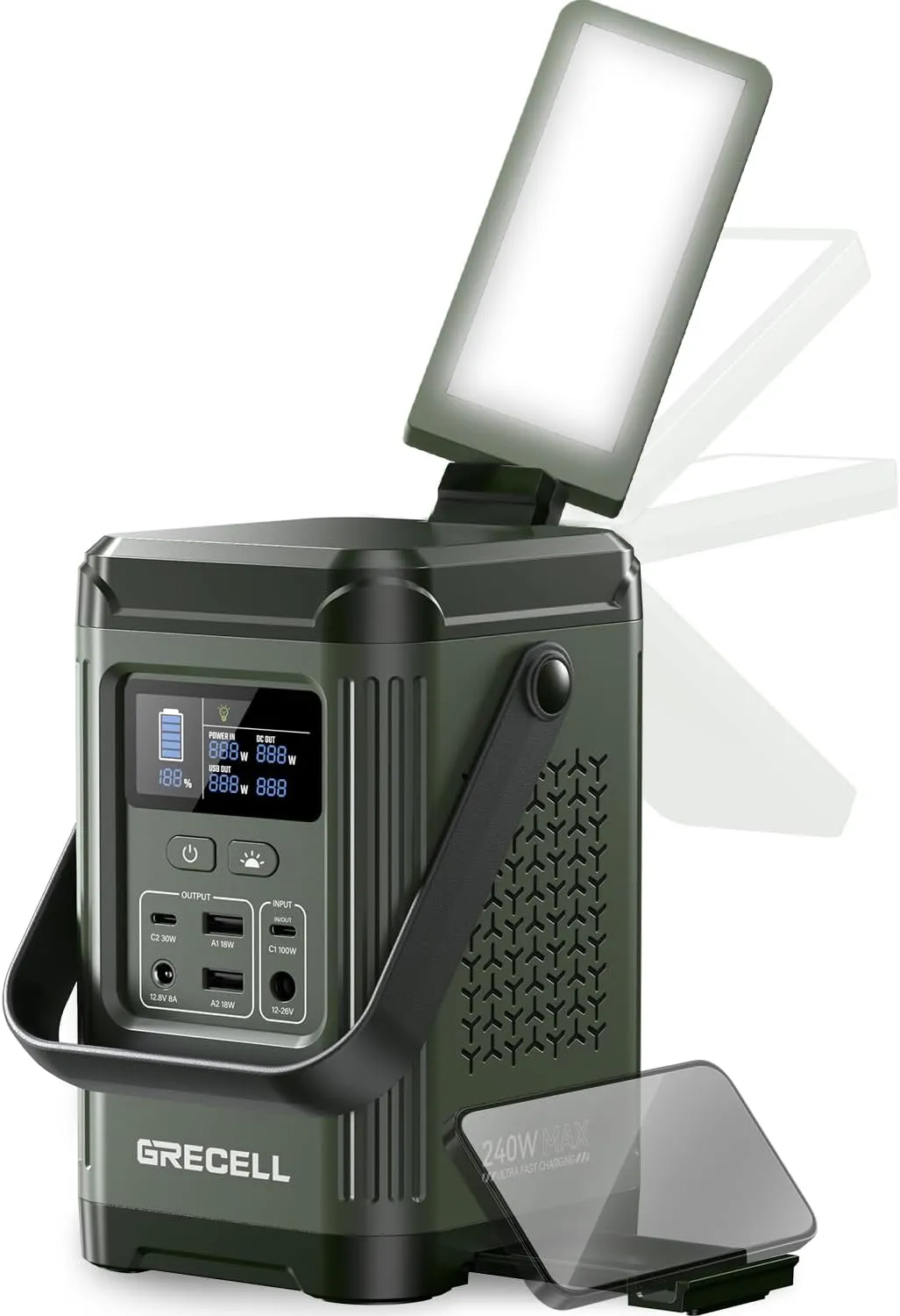 240W Portable Power Station 153.6WH Solar Generator, GRECELL LiFePO4 Battery Dual Way 100W PD Camping Power Bank with Integrated Stand for Outdoors Travel, Home Use（Wall Charger Not Included）
