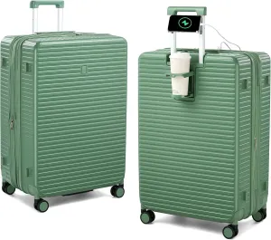 28 Inch Luggage Hard Shell Suitcases, Expandable Travel Checked Luggage 28 Inch, Large Check In Luggage with Spinner Wheels Cup Holder Charger Built in Lightweight Suitcase, Forest Green