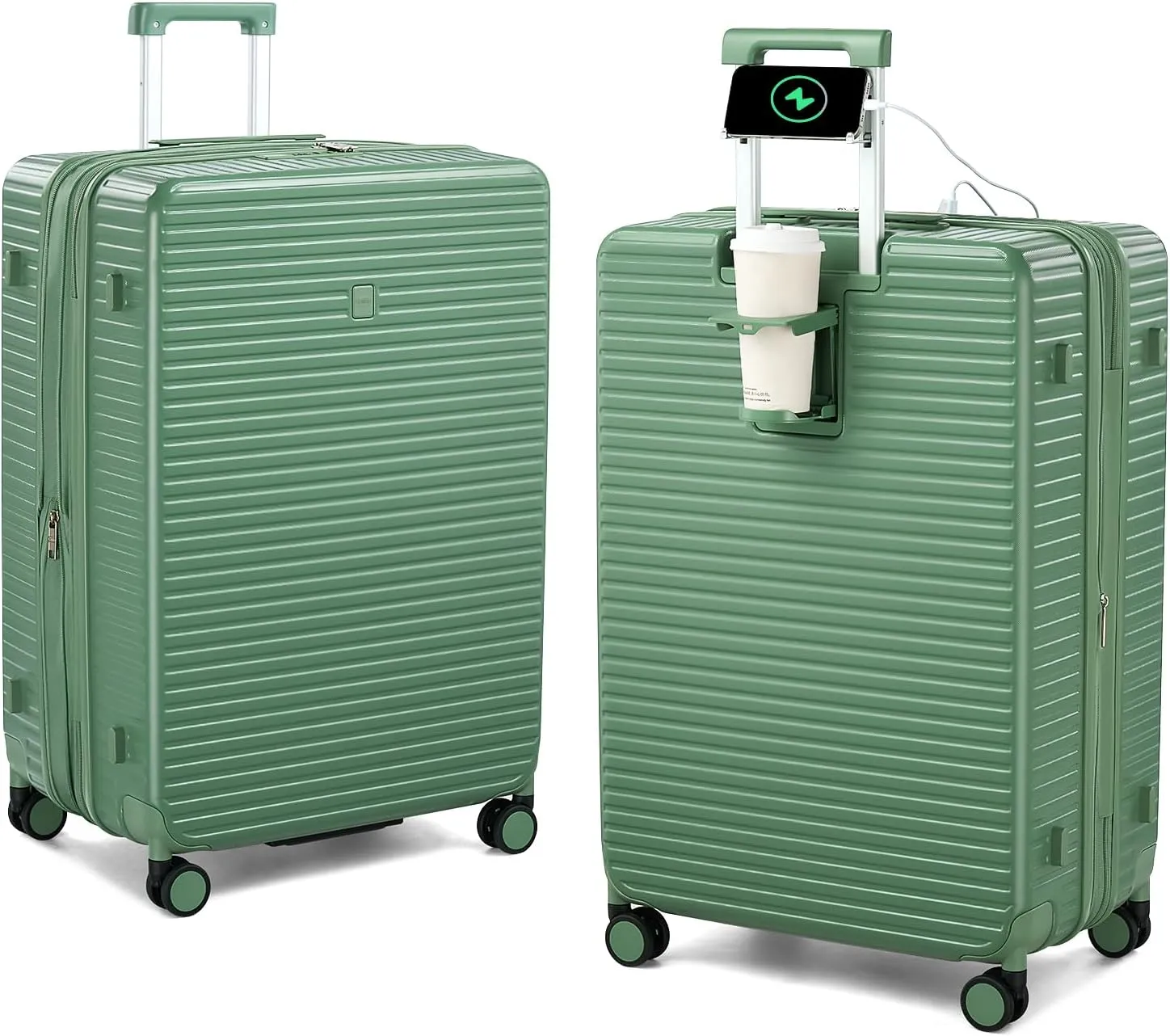 28 Inch Luggage Hard Shell Suitcases, Expandable Travel Checked Luggage 28 Inch, Large Check In Luggage with Spinner Wheels Cup Holder Charger Built in Lightweight Suitcase, Forest Green