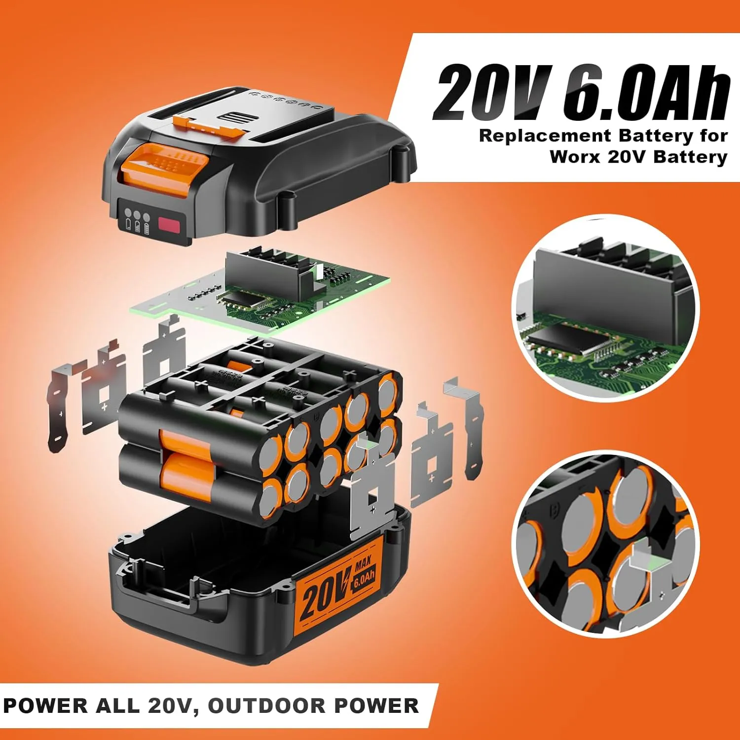 2Packs 20V 6.0Ah Replacement for Worx 20V Battery, Compatible with Worx Battery WA3578 WA3575 WA3520 WA3525 Fit for 20V Cordless Tools WG630, WG322, WG543, WG163