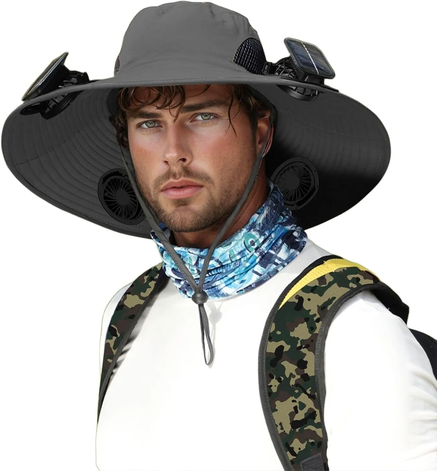 2PC Solar Hat with Built in Fan, Wide Brim Solar Fan Hat Outdoor Fishing, UPF 50  Summer Quick-Dry Hats for Men Women