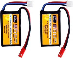 2PCS 7.4V 500mAh 30C Lipo Battery with JST-2P Plug Suitable for RC Helicopters, Quadcopters, Small Aircraft, Micro FPV Racing Drones, RC Cars, Trucks, and High-Speed Vehicles Batteries