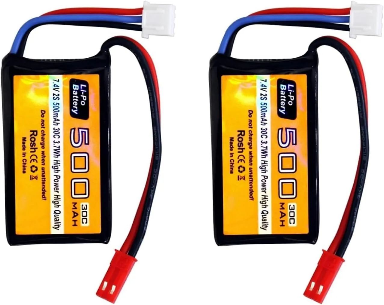 2PCS 7.4V 500mAh 30C Lipo Battery with JST-2P Plug Suitable for RC Helicopters, Quadcopters, Small Aircraft, Micro FPV Racing Drones, RC Cars, Trucks, and High-Speed Vehicles Batteries