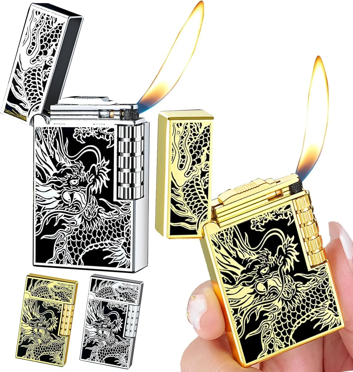 2pcs Butane Soft Flame Lighter，Side Slip Wheel Flint Ignition Classic Match，Adjustable Flame ，Refillable Gas ，Gift for Cigarette/Cigar/Candle 【No Gas】(Gold Silver)