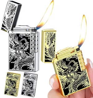 2pcs Butane Soft Flame Lighter，Side Slip Wheel Flint Ignition Classic Match，Adjustable Flame ，Refillable Gas ，Gift for Cigarette/Cigar/Candle 【No Gas】(Gold Silver)