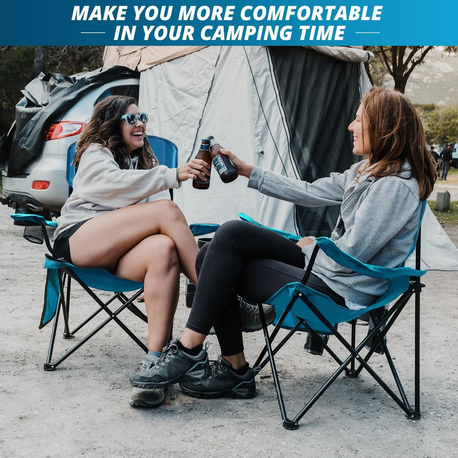 2PCS Folding Outdoor Beach Camp Chair with Cup Holder, Storage Pocket, Waterproof Bag Outdoor Arm Chair, Supports 225LBS, Blue