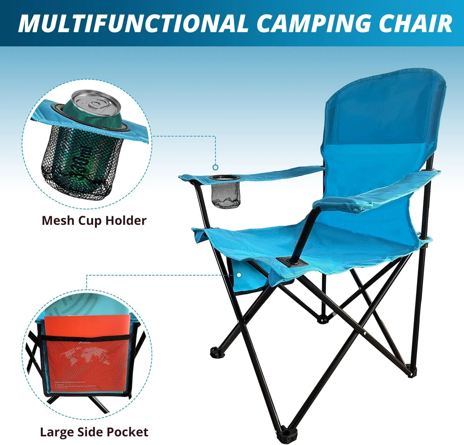 2PCS Folding Outdoor Beach Camp Chair with Cup Holder, Storage Pocket, Waterproof Bag Outdoor Arm Chair, Supports 225LBS, Blue
