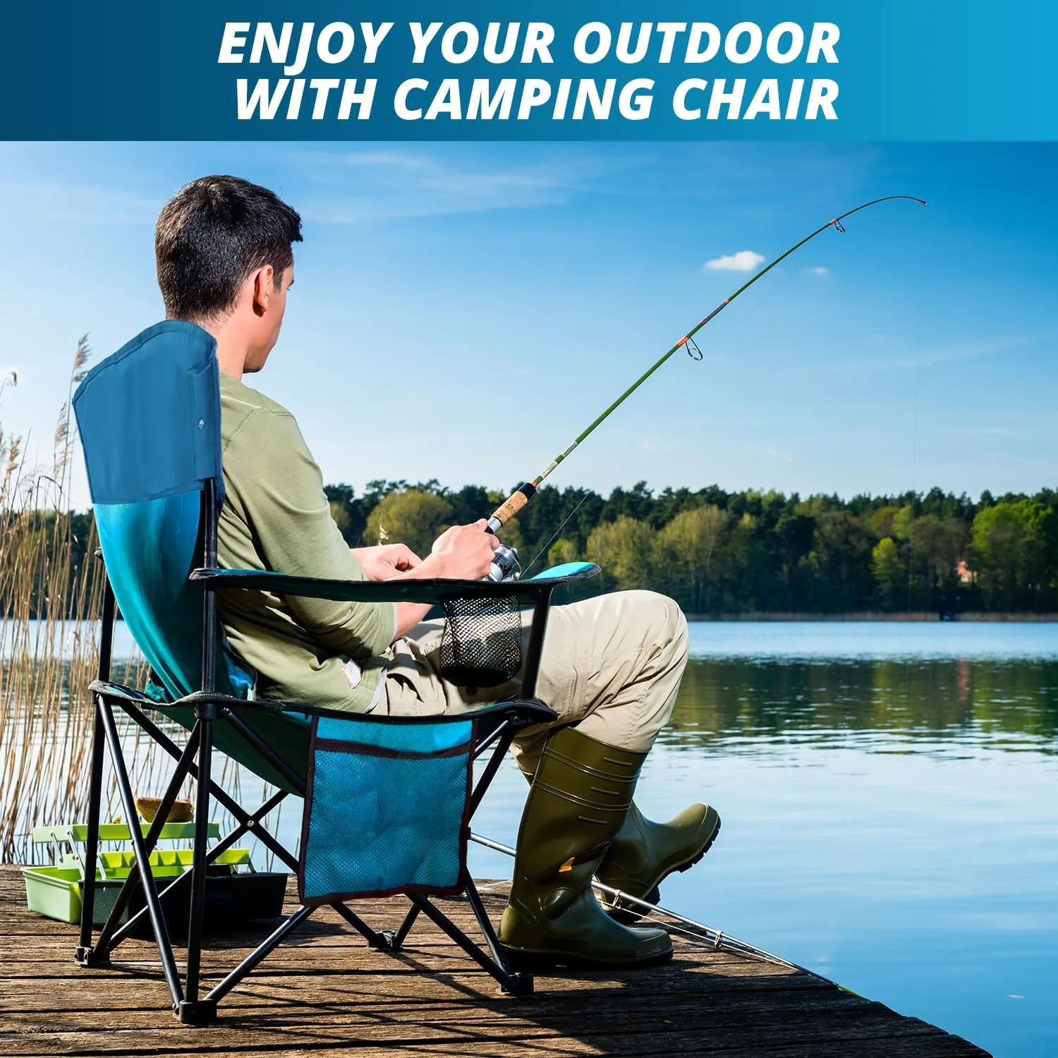 2PCS Folding Outdoor Beach Camp Chair with Cup Holder, Storage Pocket, Waterproof Bag Outdoor Arm Chair, Supports 225LBS, Blue
