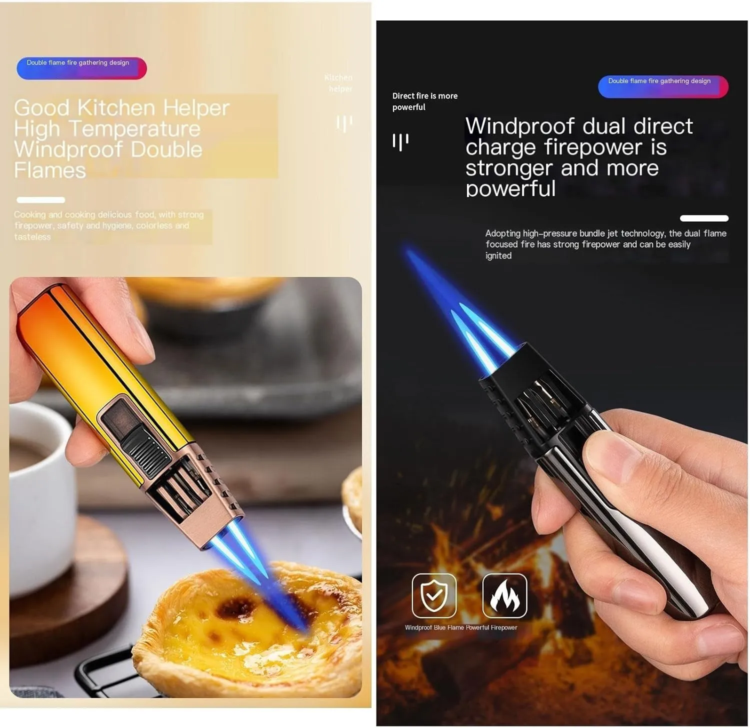 2pcs Torch Lighter, Adjustable Double Jet Flame Refillable Butane Fuel Lighter Windproof Lighter for Grill BBQ Gas Fireplace Fire Camping (Butane Gas Not Included) (Color : Black Gold)