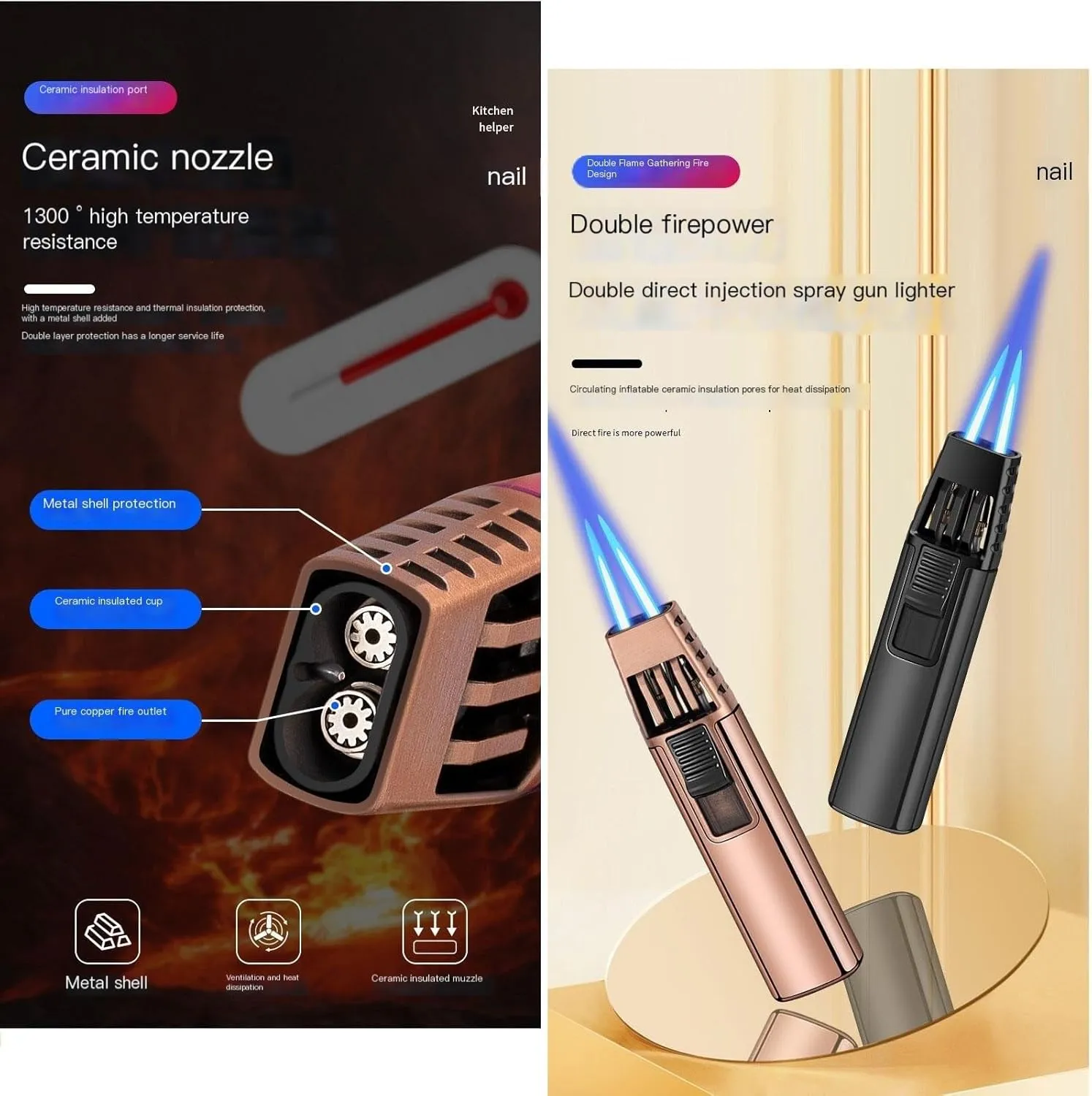 2pcs Torch Lighter, Adjustable Double Jet Flame Refillable Butane Fuel Lighter Windproof Lighter for Grill BBQ Gas Fireplace Fire Camping (Butane Gas Not Included) (Color : Black Gold)