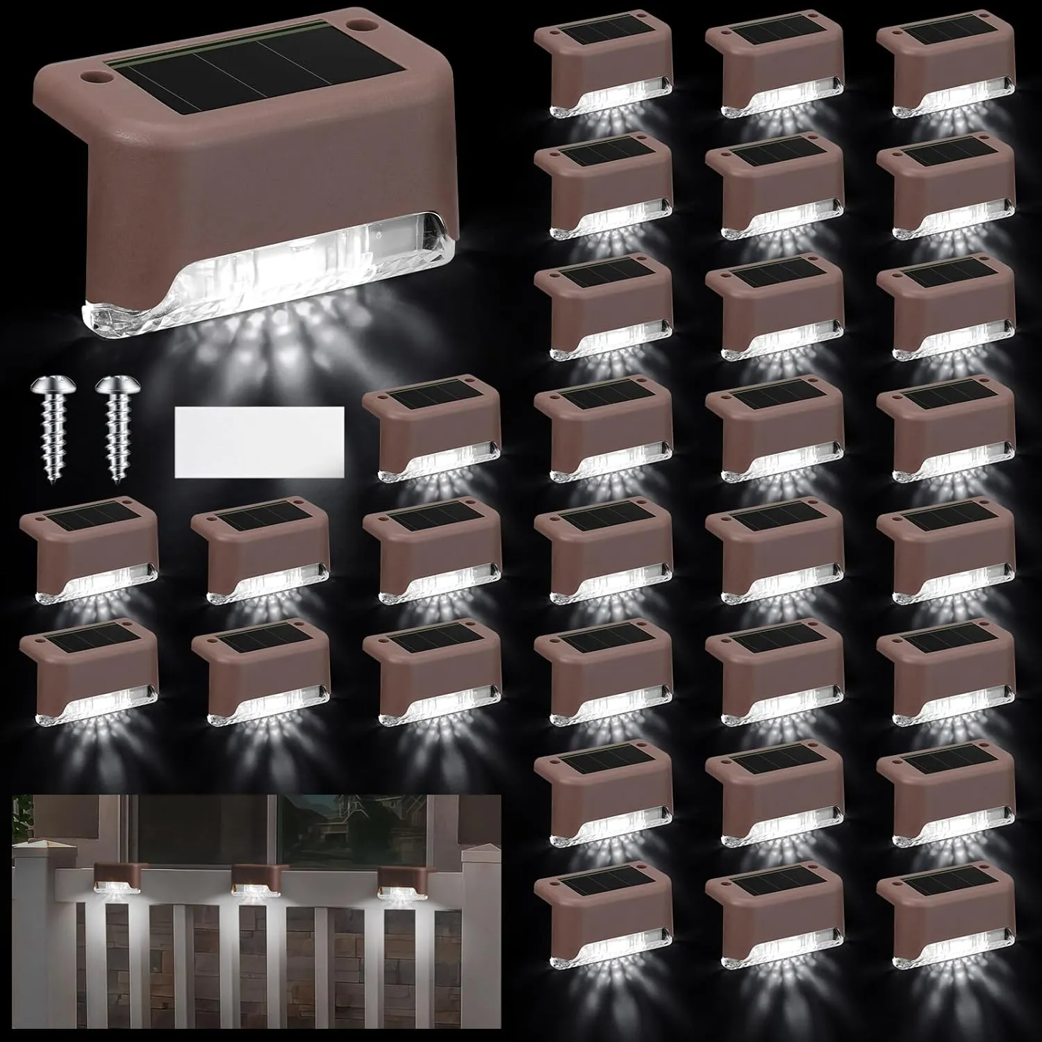 32 Pcs Solar Deck Lights Outdoor, Waterproof LED Solar Step Fence Lights for Stairs, Step, Railing, Patio, Driveway, Garden, Pathway and Yard(Brown Shell Cool White Light)