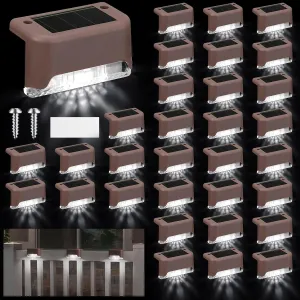 32 Pcs Solar Deck Lights Outdoor, Waterproof LED Solar Step Fence Lights for Stairs, Step, Railing, Patio, Driveway, Garden, Pathway and Yard(Brown Shell Cool White Light)