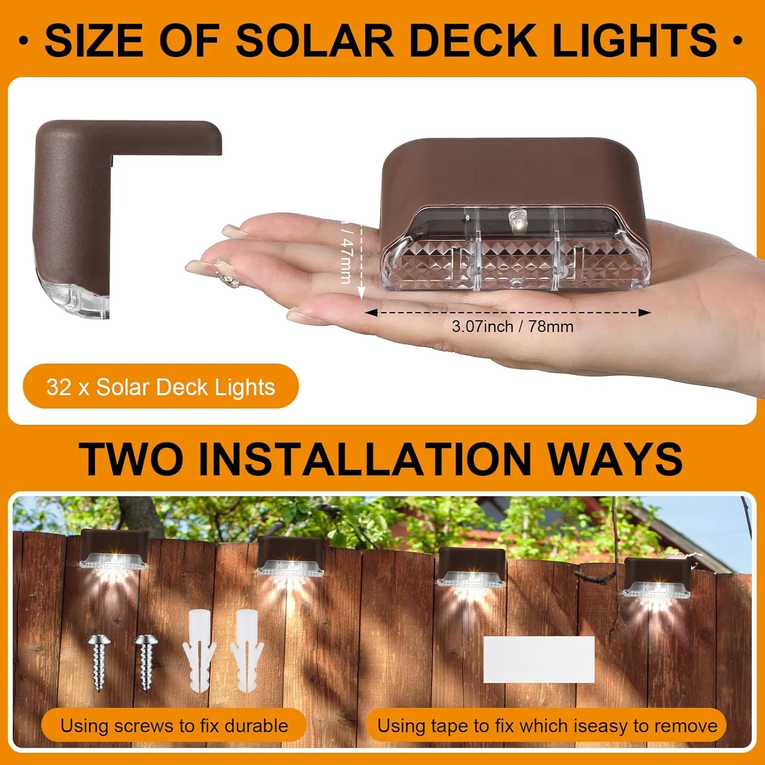 32 Pcs Solar Deck Lights Outdoor, Waterproof LED Solar Step Fence Lights for Stairs, Step, Railing, Patio, Driveway, Garden, Pathway and Yard(Brown Shell Cool White Light)