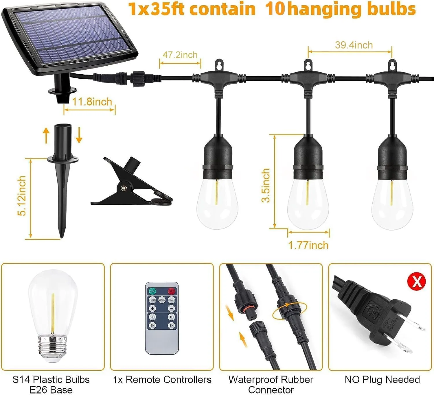 35 FT Solar String Lights with Remote, Dimmable Waterproof Outdoor Lights - Solar Powered for Patio, Garden, Backyard, Camping