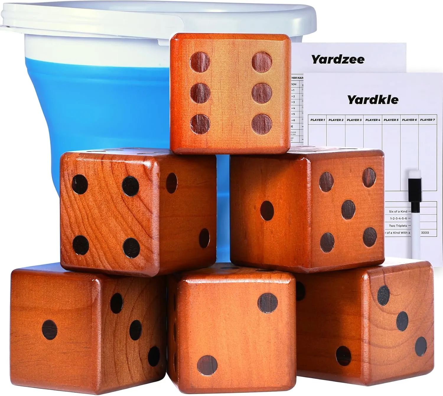 3.5" Giant Wooden Yard Dice Set - Large Lawn Yatzee with Scoreboard - Outdoor Beach Backyard Games for Adults Family (Including Collapsible Bucket)