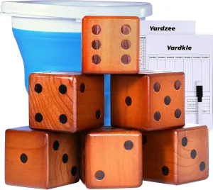 3.5" Giant Wooden Yard Dice Set - Large Lawn Yatzee with Scoreboard - Outdoor Beach Backyard Games for Adults Family (Including Collapsible Bucket)