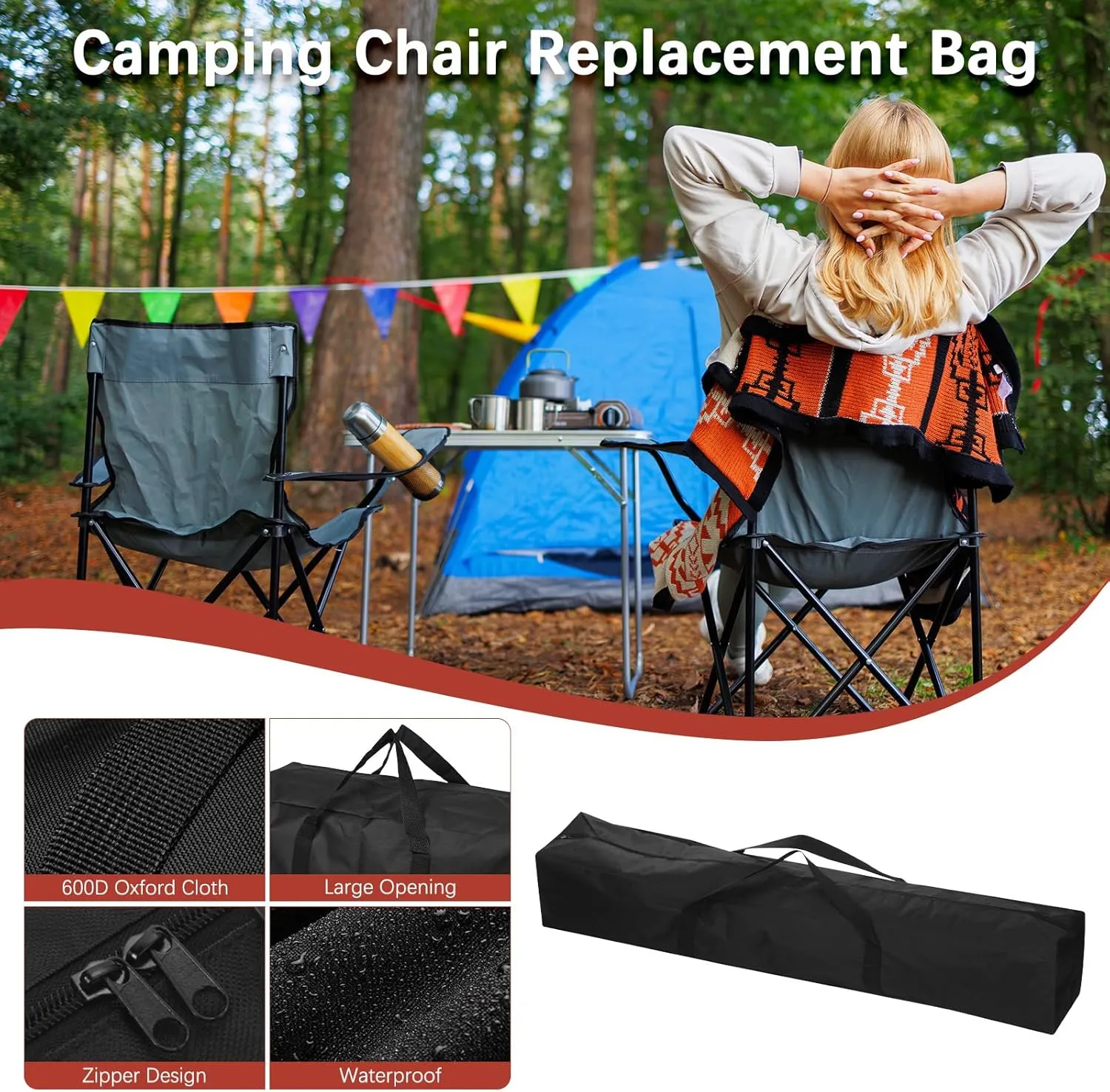 39IN Camp Chair Replacement Bag [2PCS] - 600D Oxford Folding Chair Carrying Storage Bag with Shoulder Strap Use for Camping & Travel [Black, 7.9INx7.9IN WxH]