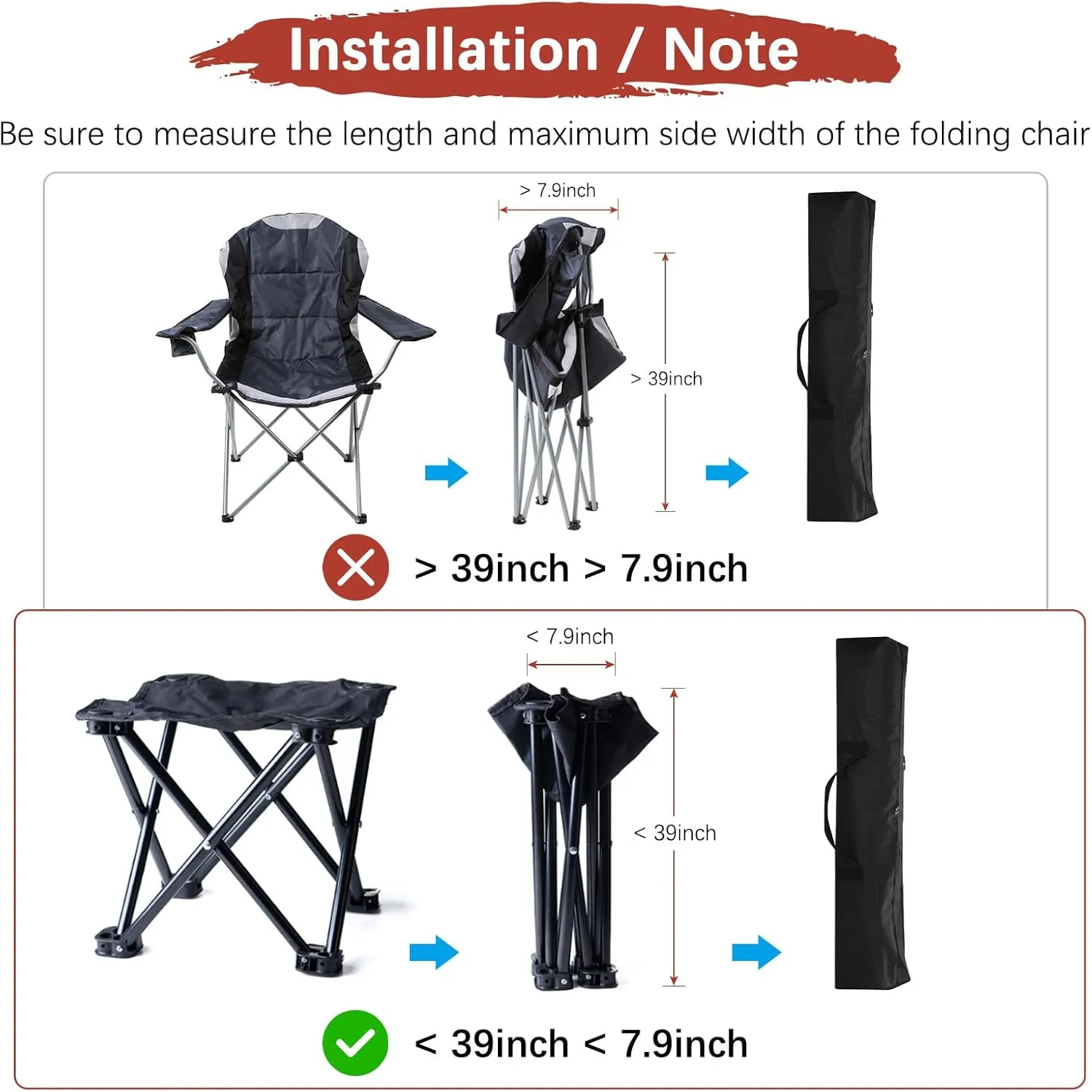 39IN Camp Chair Replacement Bag [2PCS] - 600D Oxford Folding Chair Carrying Storage Bag with Shoulder Strap Use for Camping & Travel [Black, 7.9INx7.9IN WxH]