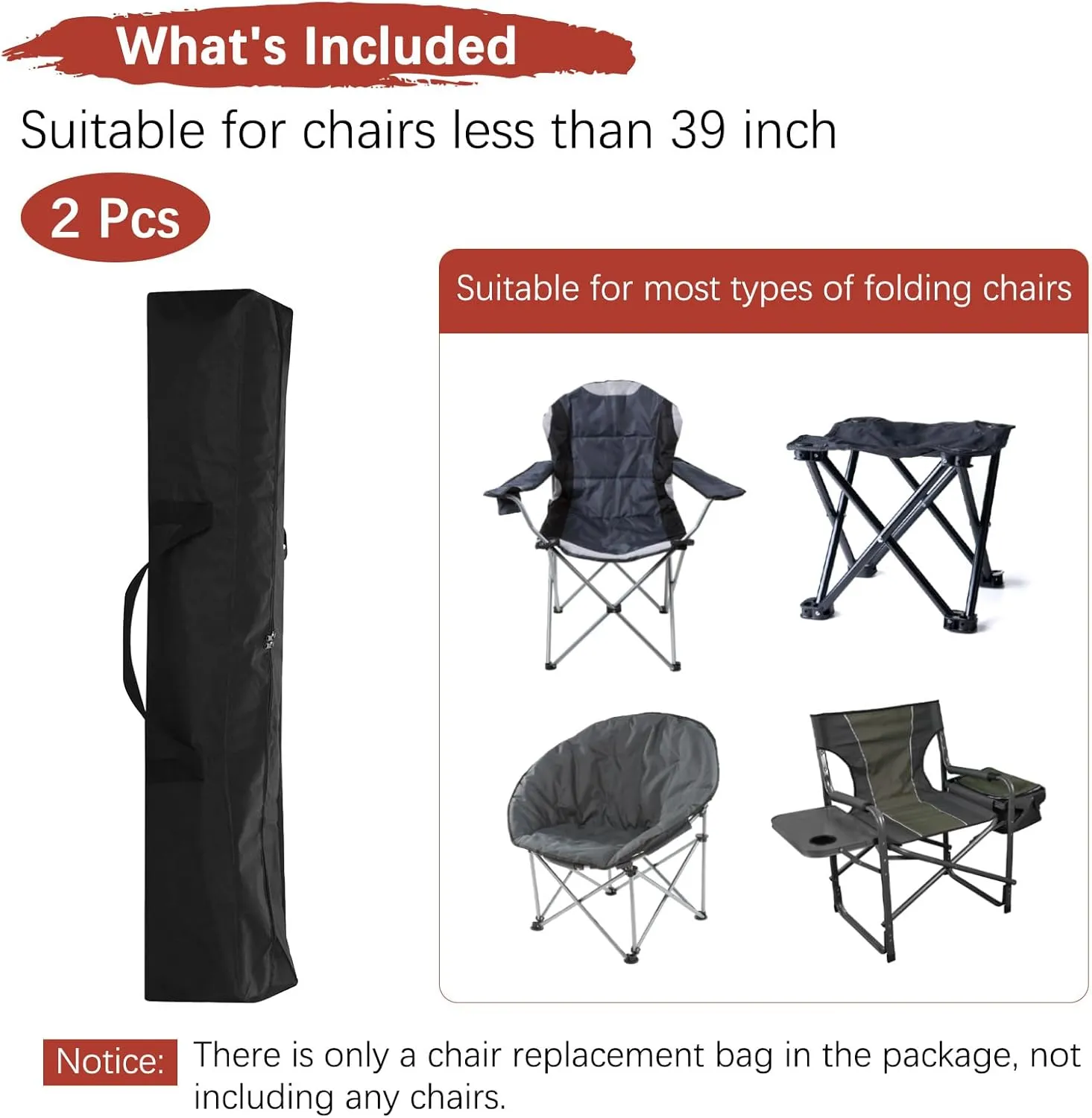 39IN Camp Chair Replacement Bag [2PCS] - 600D Oxford Folding Chair Carrying Storage Bag with Shoulder Strap Use for Camping & Travel [Black, 7.9INx7.9IN WxH]