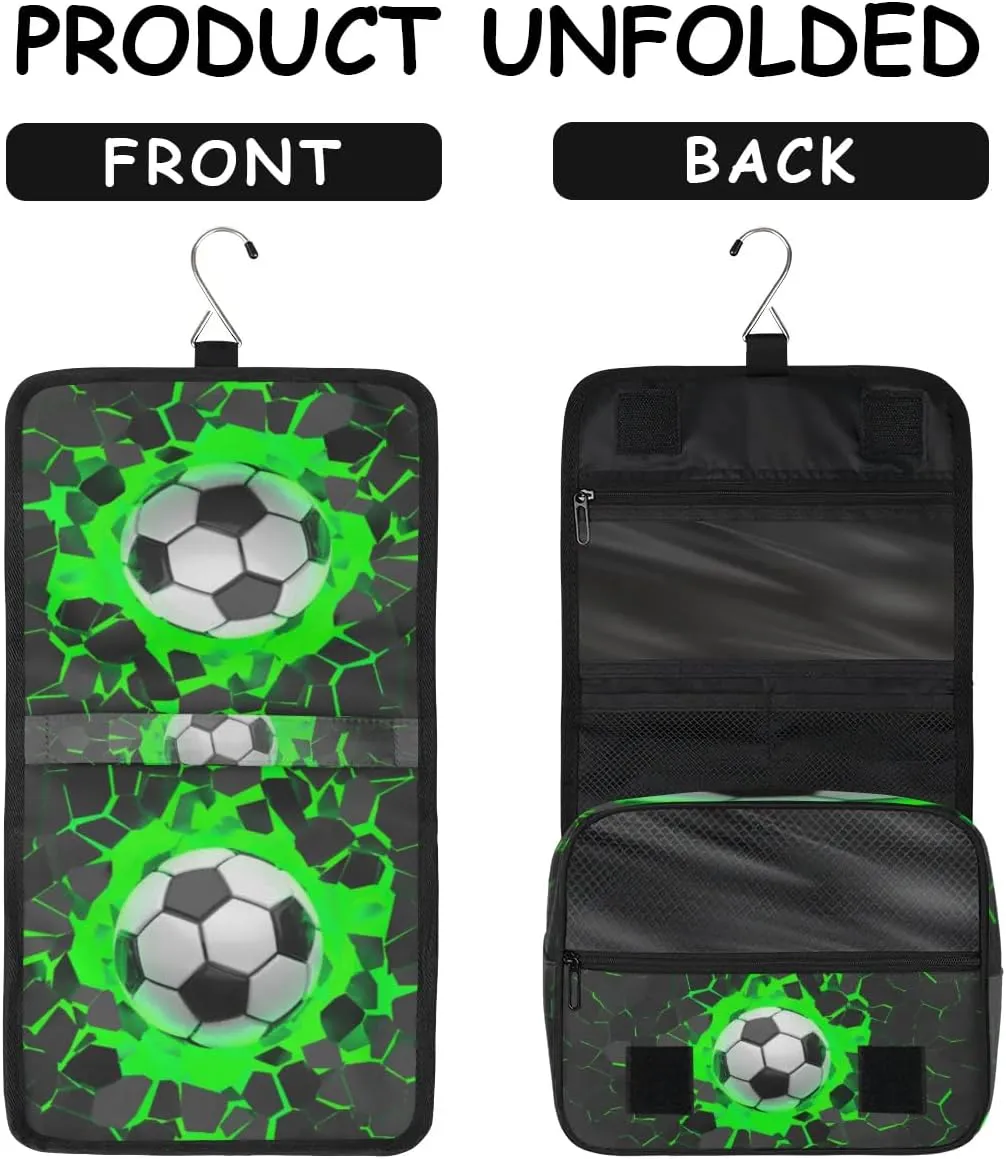 3D Soccer Hanging Travel Toiletry Bag for Kids, Women Cosmetic Organizer Makeup Bag Pouch Men Shaving Dopp Kit Shower Bag With Sturdy Hook