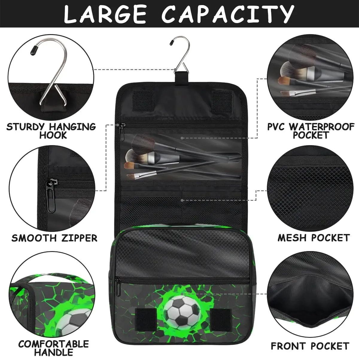3D Soccer Hanging Travel Toiletry Bag for Kids, Women Cosmetic Organizer Makeup Bag Pouch Men Shaving Dopp Kit Shower Bag With Sturdy Hook