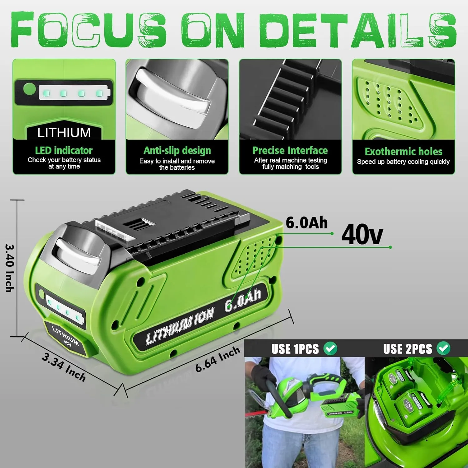 【3rd Upgrade】 6.0Ah 40V Replacement Battery for Greenworks 40V Battery G-MAX 29472 29462 29252 20202 22262 25312 Cordless Power Tools Lithium-ion Battery