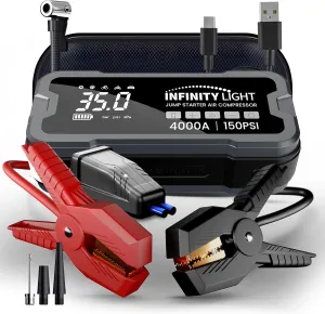 4-in-1 Jump Starter, Tire Inflator, Power Bank & Flashlight - 4000 Amp | Portable Car Jump Starter with Air Compressor | 10L Gas/ 8L Diesel |12V | Infinity Light