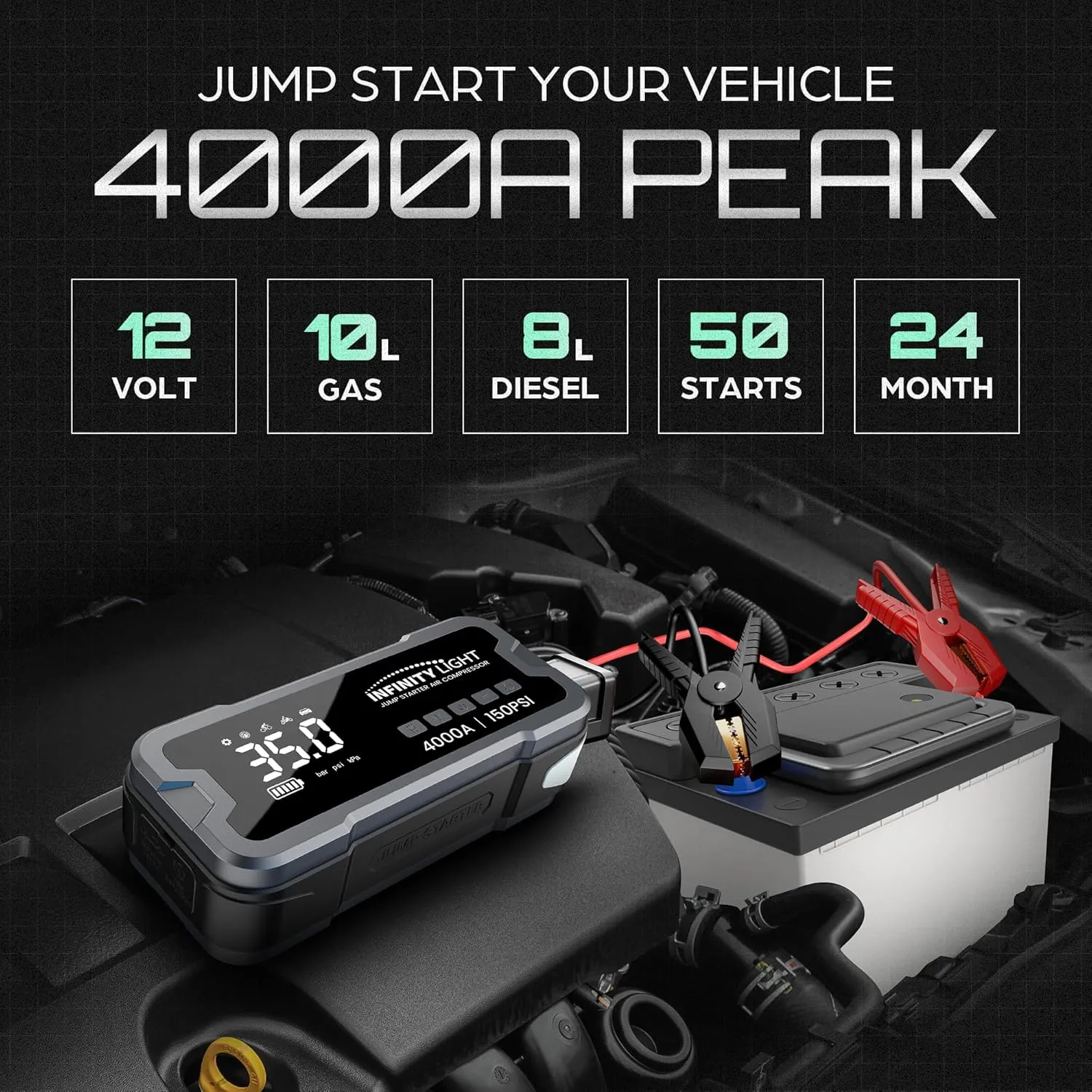 4-in-1 Jump Starter, Tire Inflator, Power Bank & Flashlight - 4000 Amp | Portable Car Jump Starter with Air Compressor | 10L Gas/ 8L Diesel |12V | Infinity Light