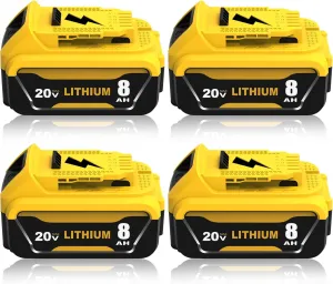 4-Pack 20V 8000mAh High Capacity Replacement for Dewalt 20V Max Battery Compatible with Dewalt 20 Volt Lithium-ion Battery DCB207 DCB206 DCB204 DCB201 DCB200 Series Power Tools (Yellow)