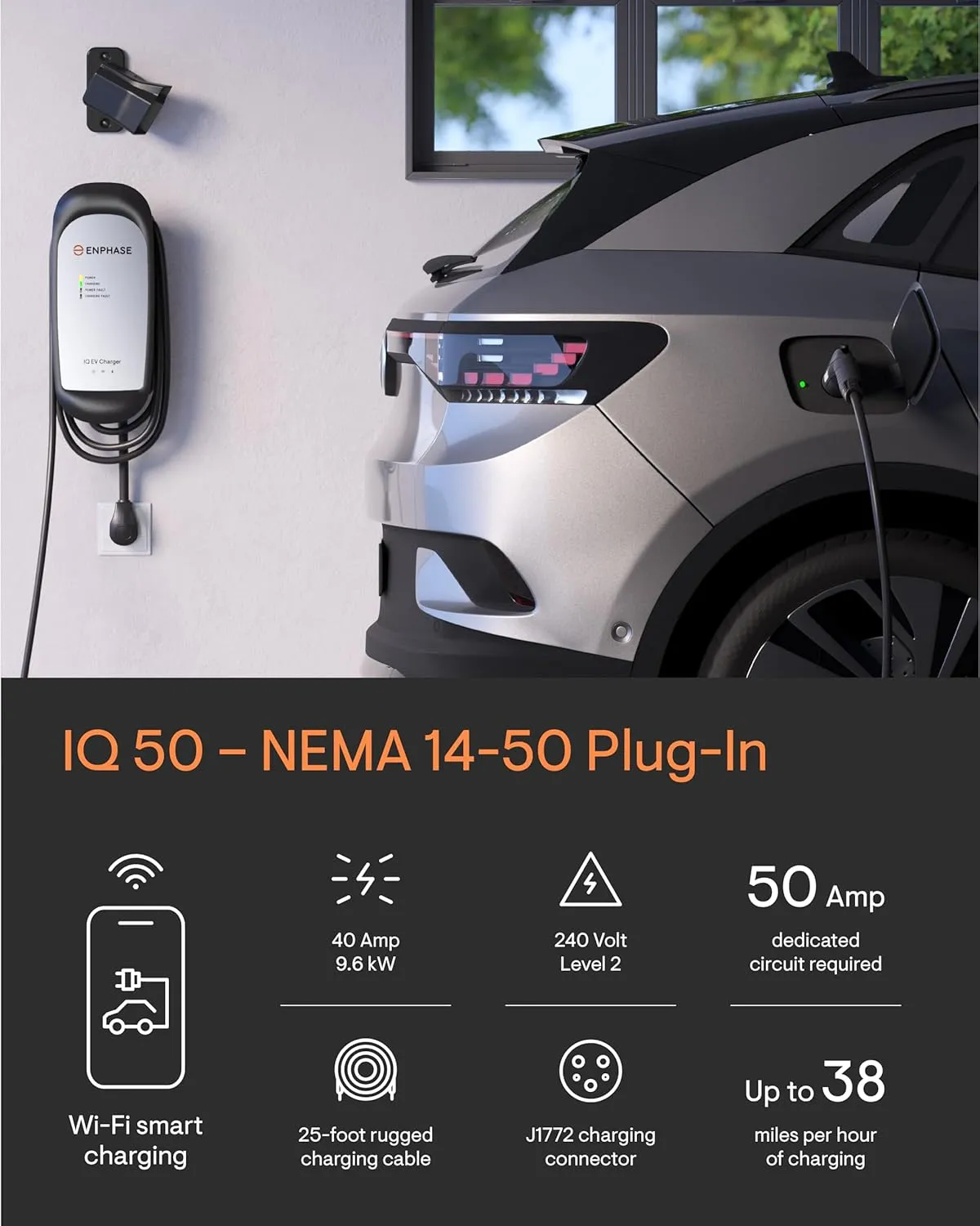 40 Amp Plug-in Smart EV Charger - Enphase IQ 50 with NEMA 14-50 Plug, 9.6kW, 240V, 5-Year Warranty, Wi-Fi Connected, Safety Certified, 25ft Cable & Ruggedized J1772 Connector