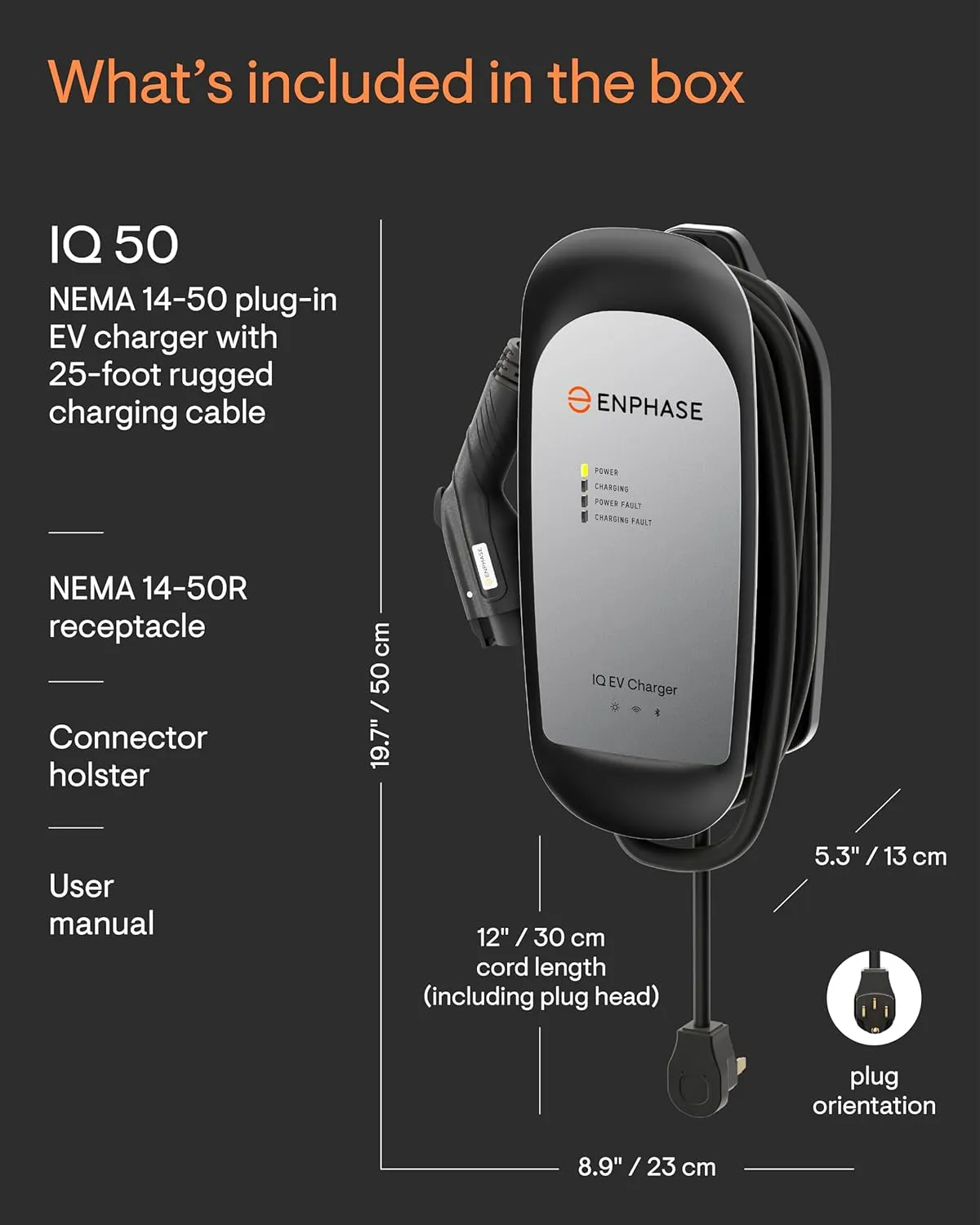 40 Amp Plug-in Smart EV Charger - Enphase IQ 50 with NEMA 14-50 Plug, 9.6kW, 240V, 5-Year Warranty, Wi-Fi Connected, Safety Certified, 25ft Cable & Ruggedized J1772 Connector