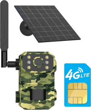 4G LTE Cellular Trail Camera 2.7K Live Stream,5W Solar Hunting Game Wildlife Camera with SIM Card,7800mAh Battery,16MP Photos,0.2s Trigger,PIR Motion,Night Vision,IP67,Cloud/Local SD