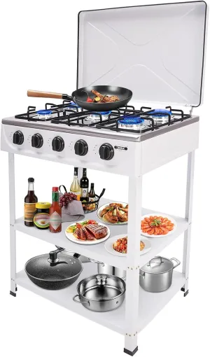 5 Burner Gas Stove, Portable Outdoor Stove with Support Leg Stand and Wind Blocking Cover Heavy Duty Camping Freestanding Stove for Backyard Cooking Camping (White)