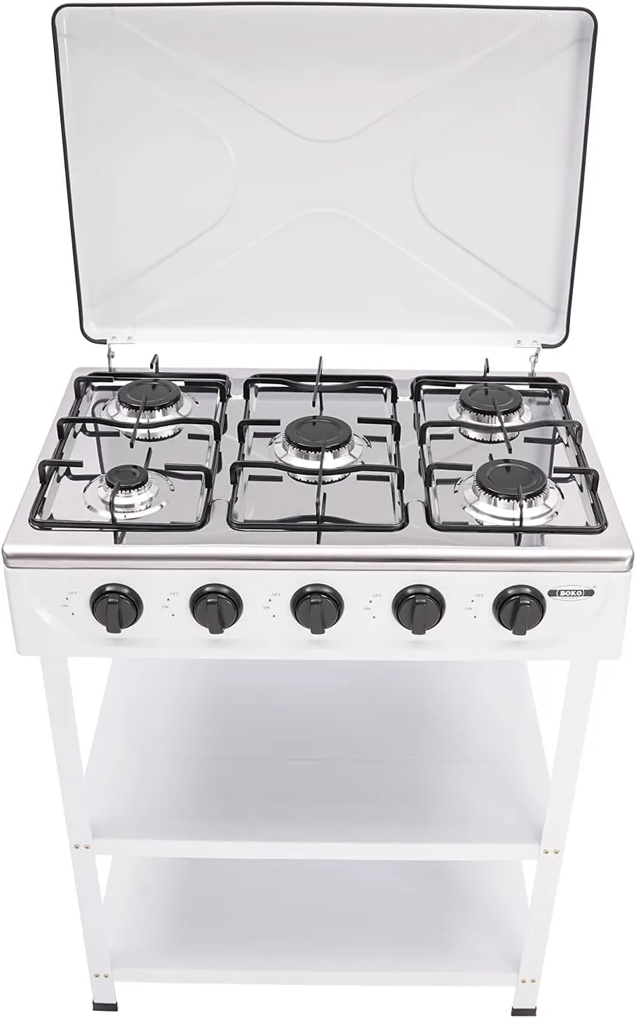 5 Burner Gas Stove, Portable Outdoor Stove with Support Leg Stand and Wind Blocking Cover Heavy Duty Camping Freestanding Stove for Backyard Cooking Camping (White)