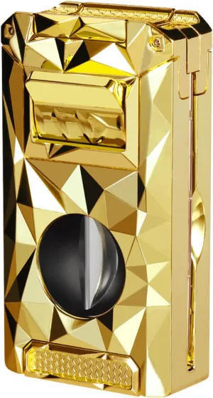 5-in-1 Triple Torch Lighter with V Cutter, Punch, Holder, Draw Enhancer, Windproof Jet Flames, Butane Refillable (Butane Gas Not Included) (Gold)