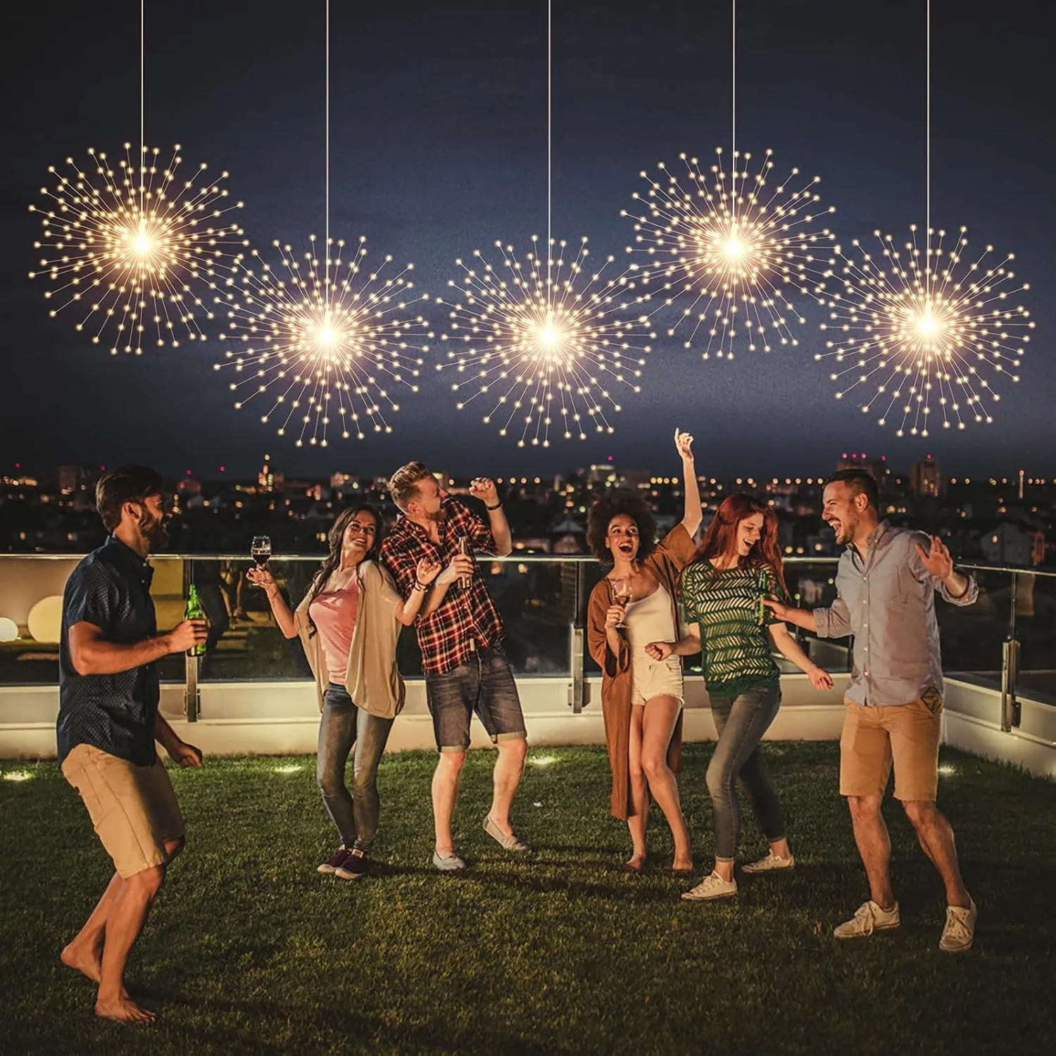 5 Pack Solar Starburst Sphere Lights,200 LED Firework Light, 8 Modes Dimmable Waterproof Hanging Fairy Light, Copper Wire Lights for Patio Parties Christmas (Warm White)