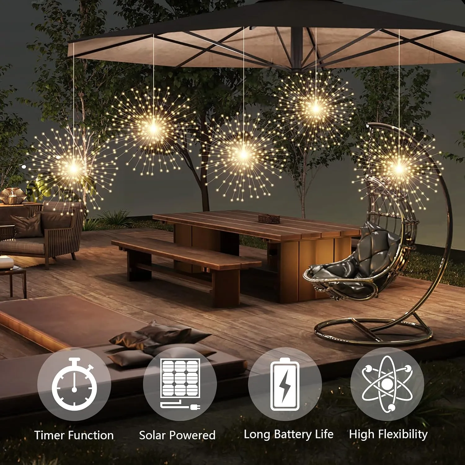 5 Pack Solar Starburst Sphere Lights,200 LED Firework Light, 8 Modes Dimmable Waterproof Hanging Fairy Light, Copper Wire Lights for Patio Parties Christmas (Warm White)