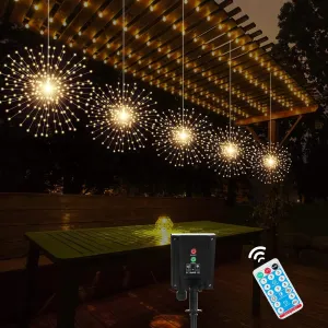 5 Pack Solar Starburst Sphere Lights,200 LED Firework Light, 8 Modes Dimmable Waterproof Hanging Fairy Light, Copper Wire Lights for Patio Parties Christmas (Warm White)