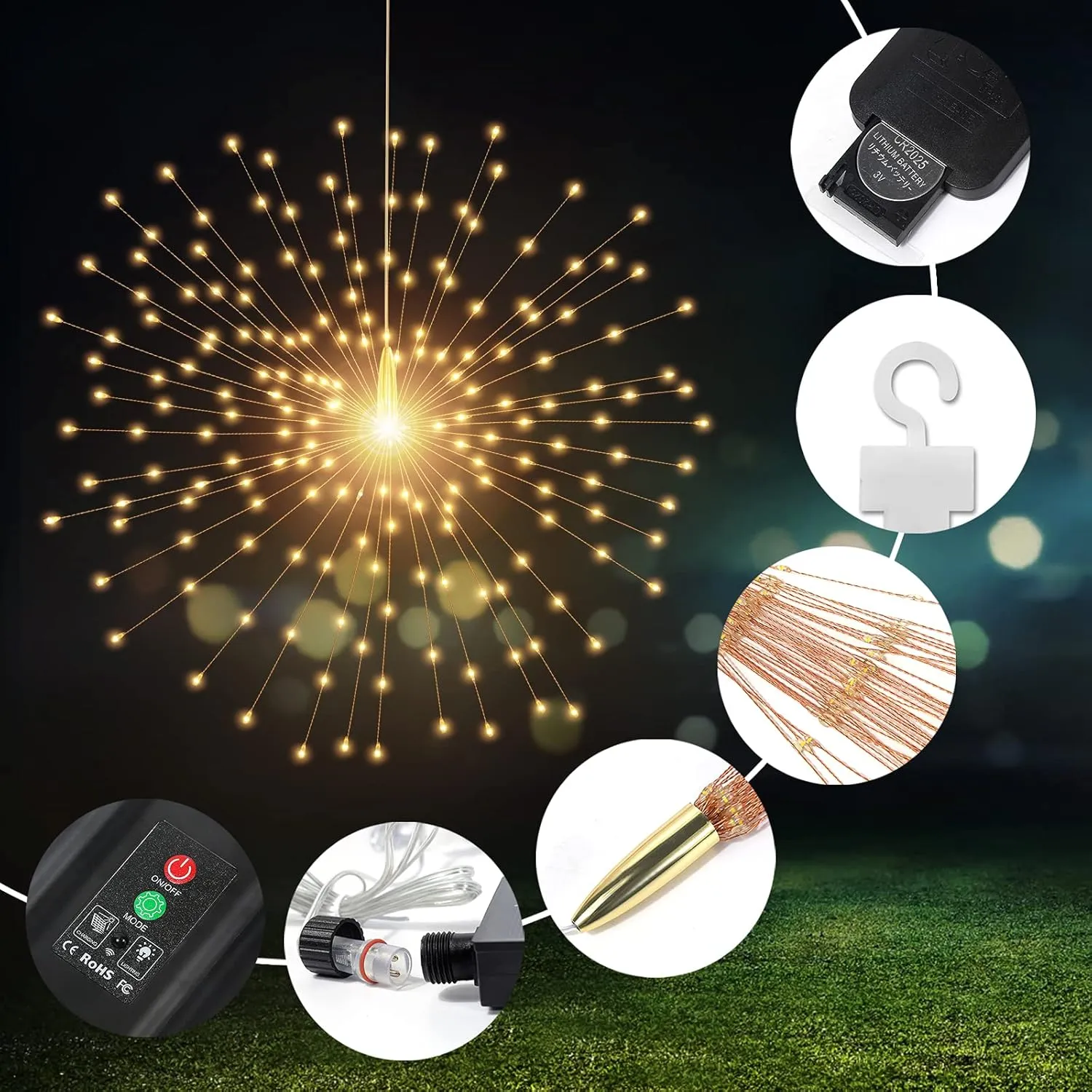 5 Pack Solar Starburst Sphere Lights,200 LED Firework Light, 8 Modes Dimmable Waterproof Hanging Fairy Light, Copper Wire Lights for Patio Parties Christmas (Warm White)