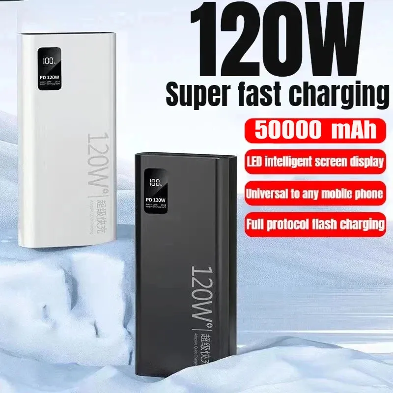 50000mAh Power Bank: Portable Battery Charger with Wireless Charging, Built-in Cables, and Solar Panel for iPhone, Xiaomi, Huawei, Samsung