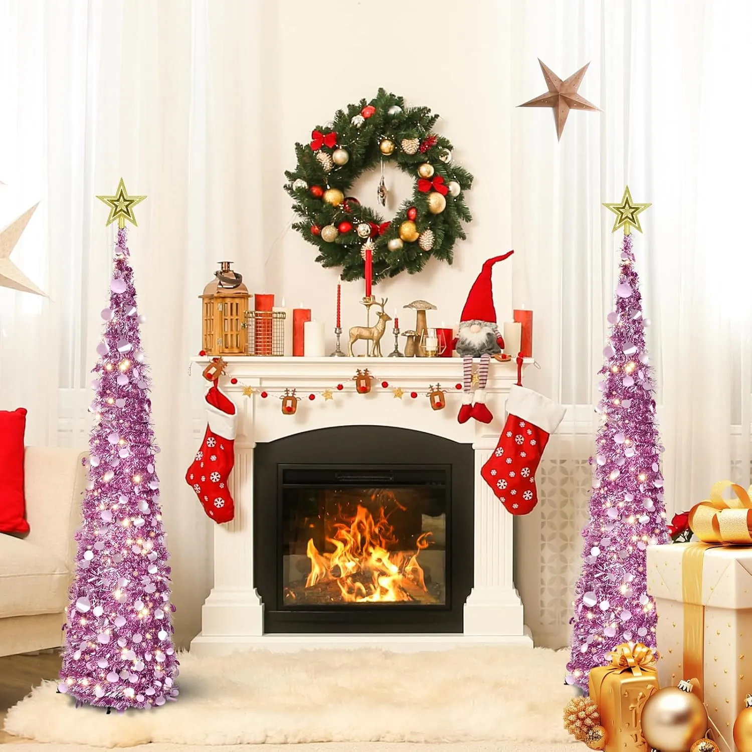 5FT Pop Up Tinsel Christmas Tree with Lights and Tree Topper, Collapsible Pencil Xmas Trees with Round Sequins Reusable for Fireplace Home Office Indoor Holiday Party Decoration, Rose Gold