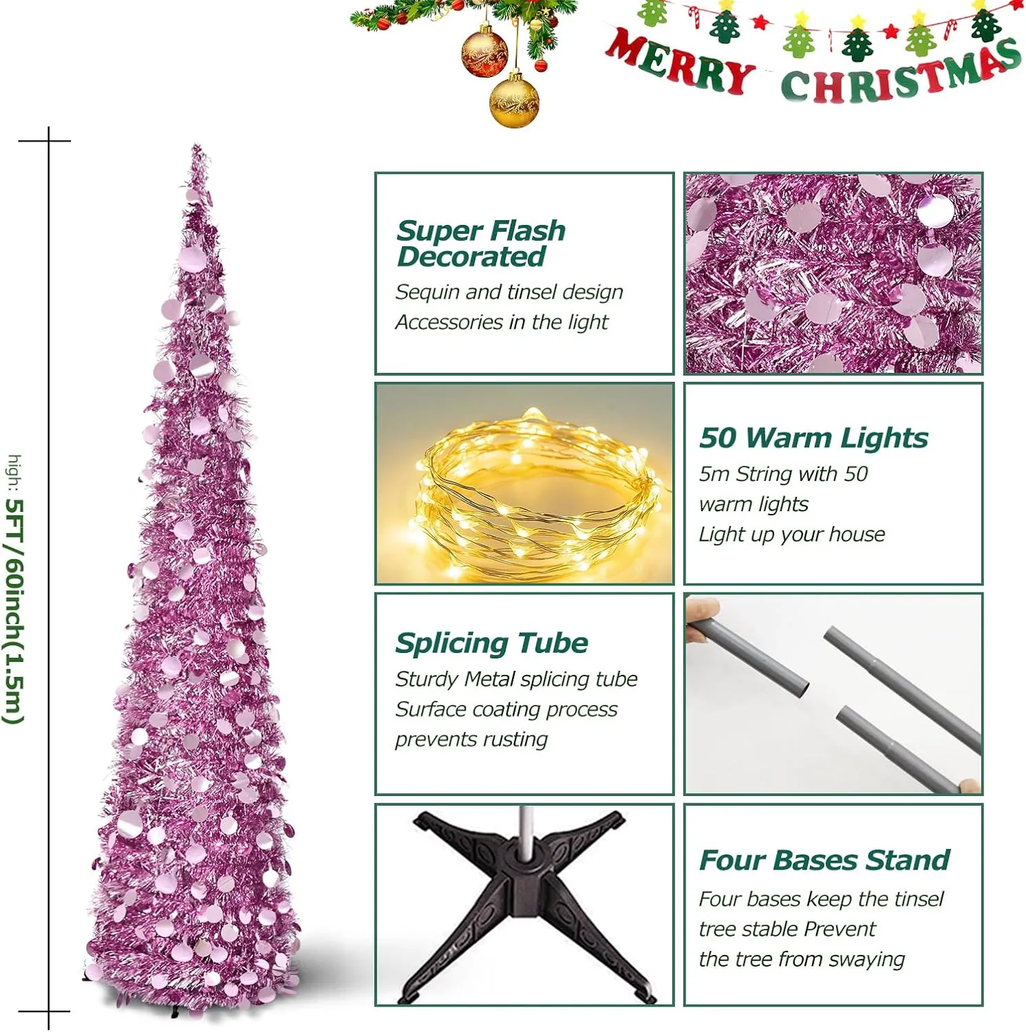 5FT Pop Up Tinsel Christmas Tree with Lights and Tree Topper, Collapsible Pencil Xmas Trees with Round Sequins Reusable for Fireplace Home Office Indoor Holiday Party Decoration, Rose Gold