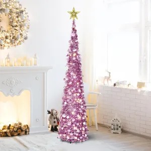 5FT Pop Up Tinsel Christmas Tree with Lights and Tree Topper, Collapsible Pencil Xmas Trees with Round Sequins Reusable for Fireplace Home Office Indoor Holiday Party Decoration, Rose Gold