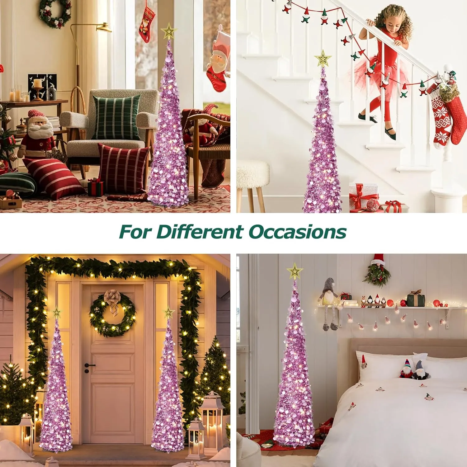 5FT Pop Up Tinsel Christmas Tree with Lights and Tree Topper, Collapsible Pencil Xmas Trees with Round Sequins Reusable for Fireplace Home Office Indoor Holiday Party Decoration, Rose Gold