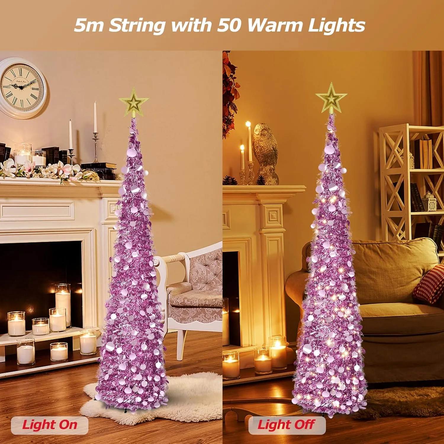 5FT Pop Up Tinsel Christmas Tree with Lights and Tree Topper, Collapsible Pencil Xmas Trees with Round Sequins Reusable for Fireplace Home Office Indoor Holiday Party Decoration, Rose Gold