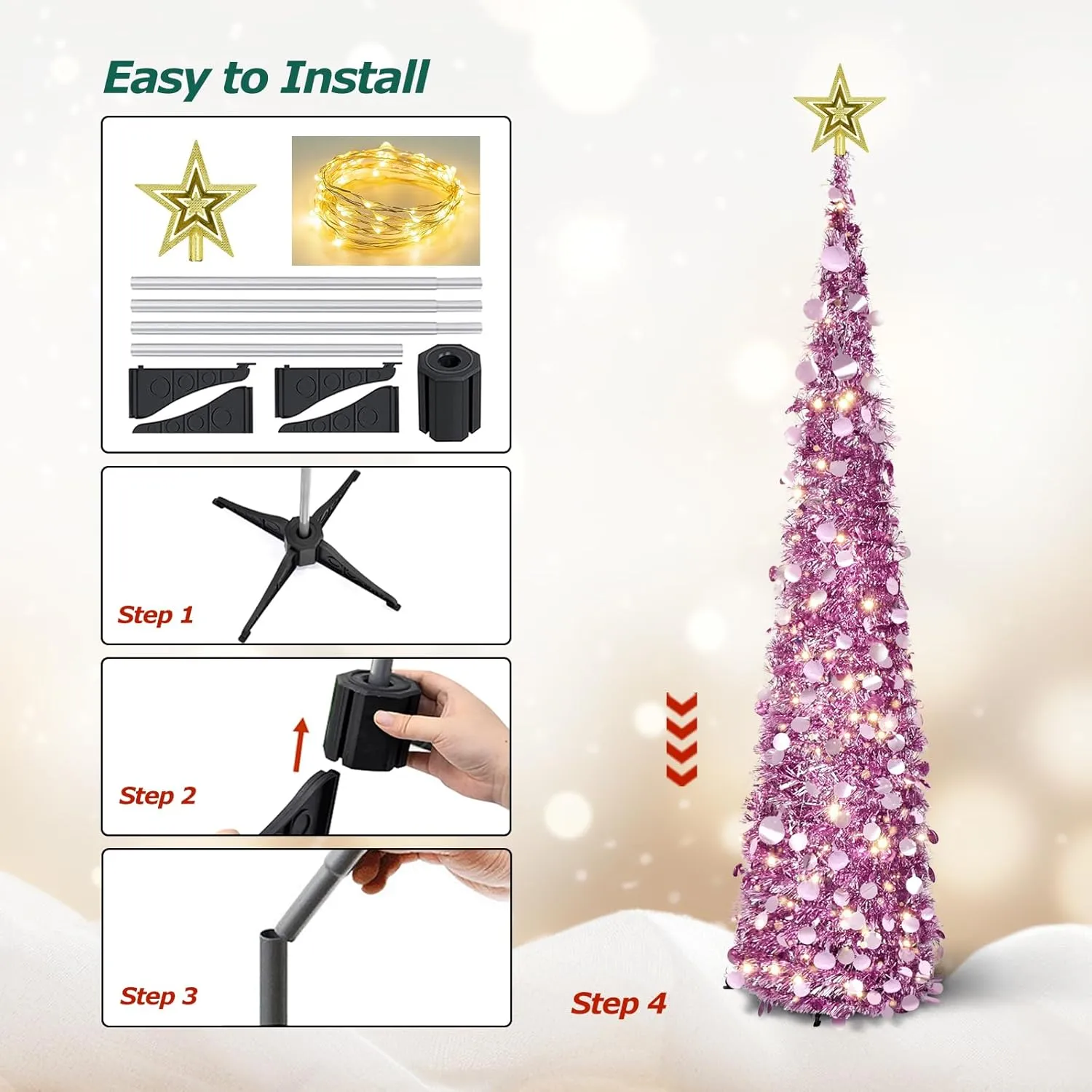 5FT Pop Up Tinsel Christmas Tree with Lights and Tree Topper, Collapsible Pencil Xmas Trees with Round Sequins Reusable for Fireplace Home Office Indoor Holiday Party Decoration, Rose Gold